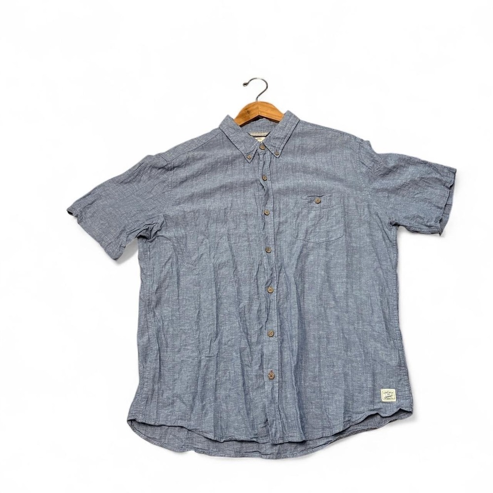 Weatherproof Men XL Short Sleeve Linen Shirt Blue Coastal Grandpa Minimalist